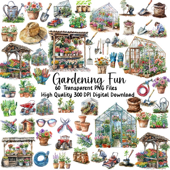 Watercolor Gardening Clipart Set: Flowers, Vegetables, Greenhouses (PNG, Commercial Use)