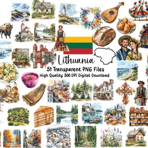 Puede incluir: Ilustraciones en acuarela de Lituania, que incluyen paisajes, vestimenta tradicional, comida y símbolos culturales. La imagen incluye la bandera lituana, un contorno del mapa y el texto "Lithuania 51 Transparent PNG Files High Quality 300 DPI Digital Download."