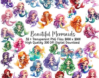 Chibi Mermaid Bundle Clipart, Whimsical Mermaids, PNG, Instant Download, Commerical License