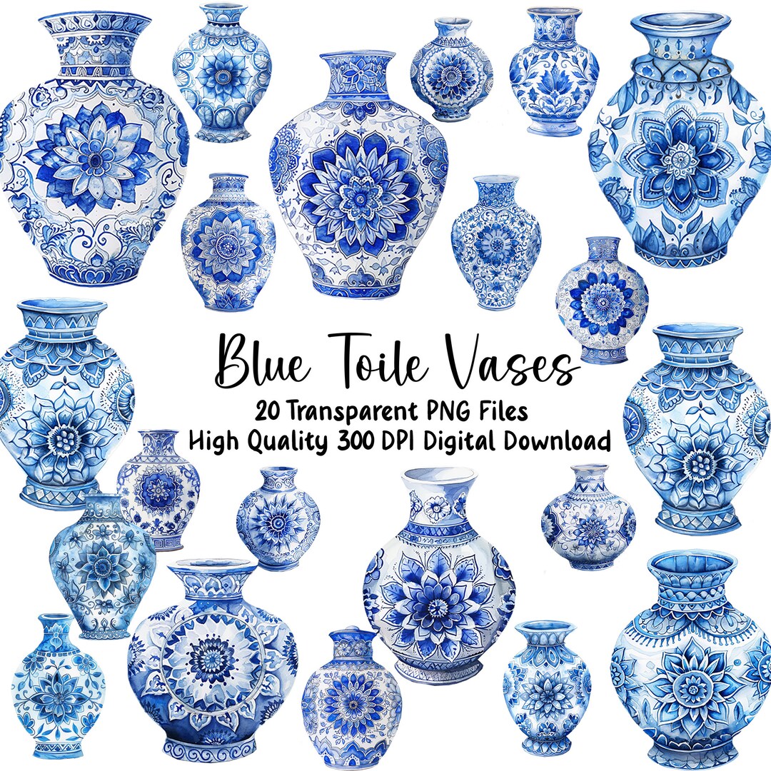 Blue Toile Vase Clipart, Blue Chinoiserie Vases, Transparent Background Commercial Use, 300DPI