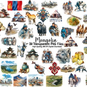 Może przedstawiać: Zestaw 50 przezroczystych plików PNG z akwarelowymi ilustracjami kultury mongolskiej. Obrazy obejmują tradycyjne budynki, ludzi, zwierzęta, jedzenie i flagę Mongolii.