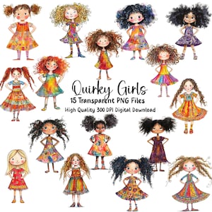 Quirky Cute Girls Clipart, Adorable Cartoon Girls, Whimsical, Planners, Journals, Invitations, Greeting Cards, Illustrations, PNG Files