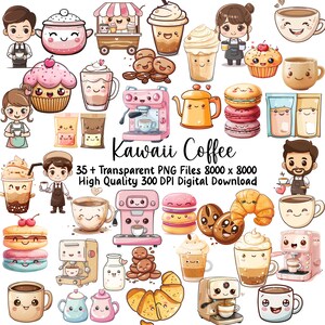 Clipart de Café Kawaii. Adesivos Adoráveis de Café, PNG, Uso Comercial, Download Instantâneo