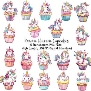 Clipart de cupcakes de unicornio kawaii, unicornios adorables, archivos PNG, invitaciones de cumpleaños de unicornio, imágenes de planificador, álbumes de recortes, uso comercial