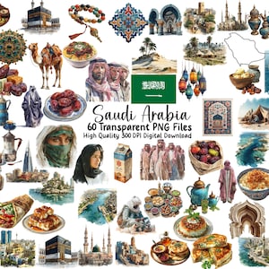 May include: A collection of watercolor illustrations featuring Saudi Arabian cultural elements. The image includes depictions of food, architecture, people, and the Saudi Arabian flag. Text reads "Saudi Arabia 60 Transparent PNG Files High Quality 300 DPI Digital Download."