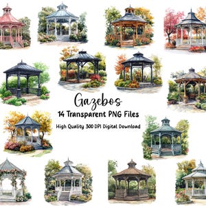 Imágenes prediseñadas de cenador, jardinería con acuarela, ilustración de cenador para bodas, invitaciones, diario, álbum de recortes, sublimación, archivos PNG