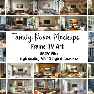 May include: A collection of 52 digital mockups featuring various living room scenes with different styles of framed artwork displayed on the walls. The mockups are perfect for showcasing artwork, photography, or other visual content.