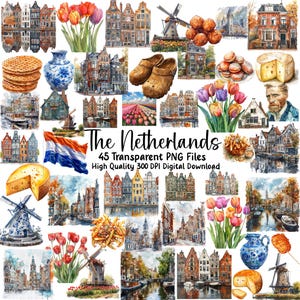 Clipart aquarelle Pays-Bas, voyage, culture néerlandaise, Amsterdam, graphiques hollandais, images PNG, albums de coupures, journal intime, cartes de voeux