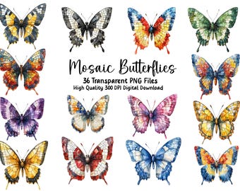 Mosaic Butterfly Clipart: Colorful PNG Graphics (Digital Download)