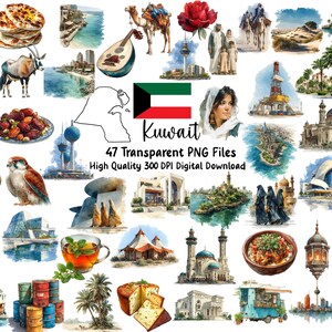 May include: A collection of watercolour illustrations depicting Kuwaiti culture, including landmarks, food, and traditional dress. Features images of the Kuwait Towers, a camel, dates, and the Kuwaiti flag. Text reads "47 Transparent PNG Files High Quality 300 DPI Digital Download."