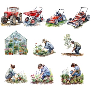 Pu&ograve; includere: Illustrazione ad acquerello di attrezzi da giardino e persone che giardinano. Un trattore rosso, un carretto, una serra, due tosaerba e quattro persone che giardinano in modi diversi.
