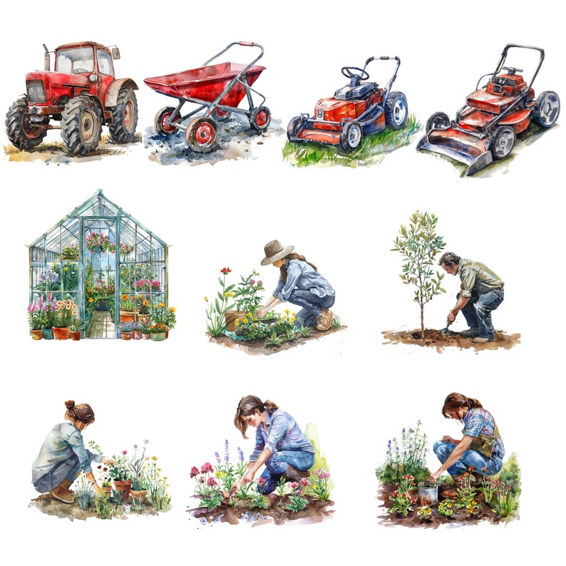 Pu&ograve; includere: Illustrazione ad acquerello di attrezzi da giardino e persone che giardinano. Un trattore rosso, un carretto, una serra, due tosaerba e quattro persone che giardinano in modi diversi.