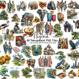 Watercolor Nigeria Clipart Bundle: African Culture, Food, Wildlife (PNG Instant Download)