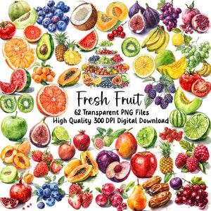 Clipart di frutta ad acquerello, sfondo PNG trasparente, creazione di cartoline, scrapbooking, menu, diari, uso commerciale