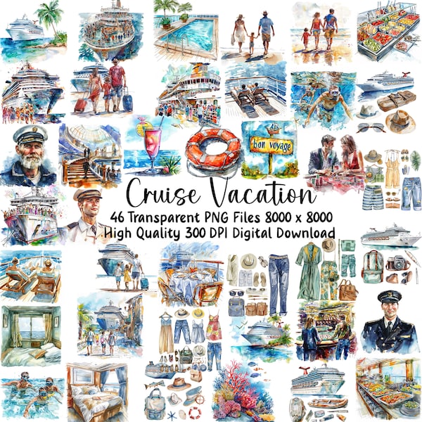 Ocean Cruise Clipart Set - Tropical Holiday Graphics for Commercial Use - Instant Download