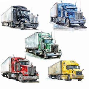 May include: Five semi-trucks with trailers in different colors. The trucks are all facing forward and have their headlights on. The trucks are on a white background.