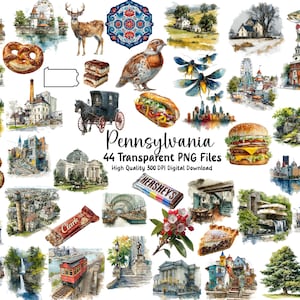 Puede incluir: Una colección de 44 archivos PNG transparentes con ilustraciones en acuarela de lugares emblemáticos, comida y fauna de Pensilvania. Incluye imágenes de un pretzel, una barra de Hershey's, una hamburguesa y un ciervo. El texto "Pennsylvania" y "44 Transparent PNG Files" son visibles.