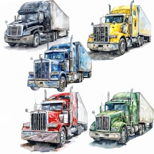 May include: Five semi-trucks with trailers in different colors: black, blue, red, green, and yellow. The trucks are all facing forward and have the same design.
