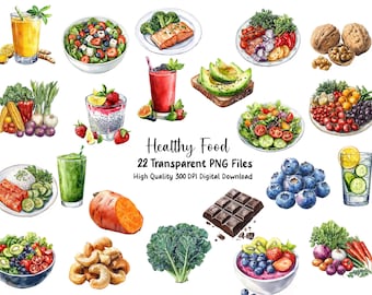 Watercolor Healthy Food Clipart: Fresh Cuisine PNG Files (Digital Download)