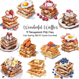 Clipart de gofres de acuarela, pollo y gofres, gofres dulces, gofres salados, menús, planificadores, diarios, PNG para uso comercial