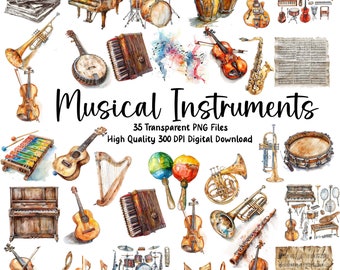 Vintage muziekinstrument clipartset (digitale download)