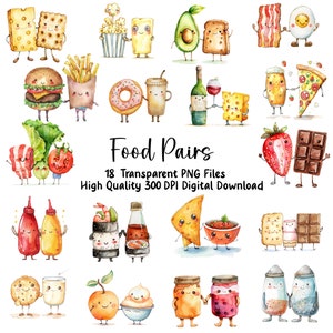 Aquarelle kawaii, clipart nourriture Saint-Valentin, mets, hamburgers fantaisistes et frites, pizza et ours, PNG, usage Commercial