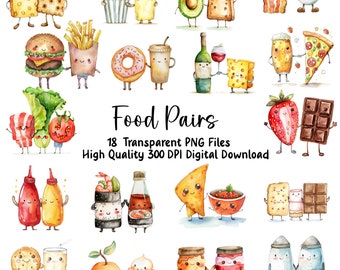 Watercolor Kawaii Food Pairs Clipart: Whimsical PNG (Commercial Use)