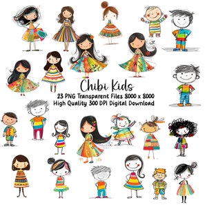 Cute Chibi Kids Clipart, Kawaii Girl and Boy Art, Printable Characters PNG for Crafts & Invitations, Junk Journal, Planner