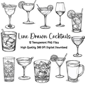Sophisticated Cocktail Clip Art Bundle – Modern Line Drawings for Commercial Use, PNGs