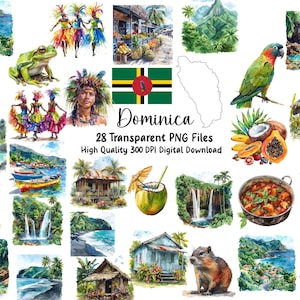 May include: A set of watercolour illustrations depicting Dominica. Includes images of waterfalls, tropical fruits, a frog, a parrot, traditional clothing, and the Dominica flag. Text reads "Dominica" and "28 Transparent PNG Files".