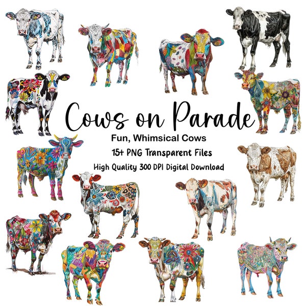 Whimsical Cows, Cow Clipart, Cows on Parade Clipart, Beautiful Cow Clipart PNG, Commercial Use, Instant Download