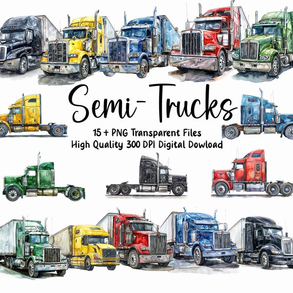Semi-Truck Clipart Bundle, Big Rig Images, 15 Trucks, Instant Download, Commercial Use