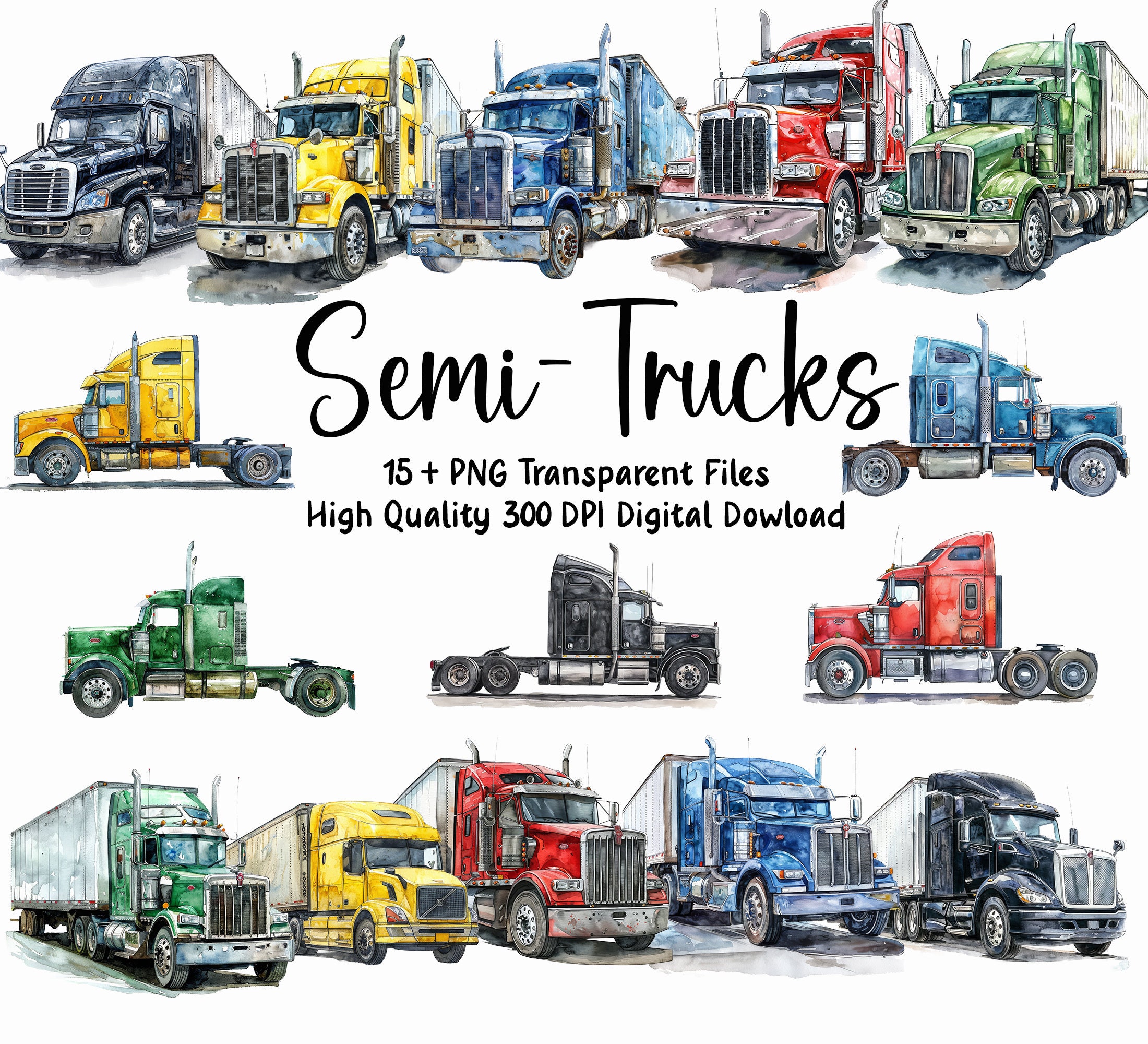 Semi-truck Clipart Bundle, Big Rig Images, 15 Trucks, Instant Download ...