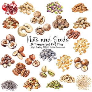Nozes e Sementes Clipart, Ilustrações de Alimentos Saudáveis, castanhas de caju, amêndoas, nozes, Vegan, Imagem da Natureza, Scrapbooking, Diários de Lixo, Convites,