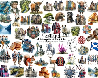 Pacchetto di clipart di monumenti scozzesi: mucca delle Highlands, cornamuse, cardo (PNG, uso commerciale)