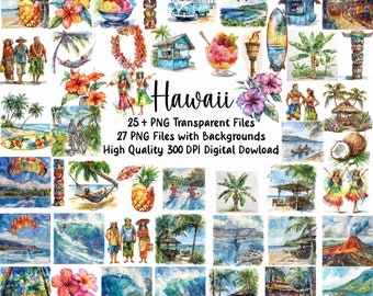 Watercolor Hawaii Clipart: Tropical Beach Paradise PNG (Digital Download)