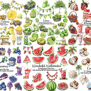 Könnte beinhalten: Ein digitaler Clipart-Satz mit Aquarell-Illustrationen verschiedener Früchte, darunter Zitronen, Limetten, Erdbeeren, Blaubeeren, Wassermelonen und Kokosnüsse. Die Illustrationen sind in einem leuchtenden, farbenfrohen Stil gehalten und eignen sich perfekt für die Verwendung in digitalen Projekten.
