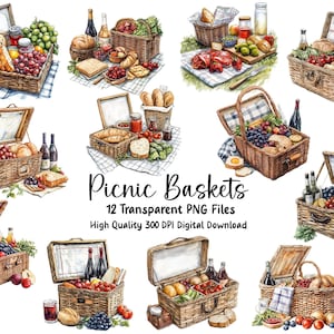 Imágenes prediseñadas de cestas de picnic de acuarela, diarios basura, planificadores, pegatinas, vino, uvas, queso, pan, álbum de recortes de ilustraciones