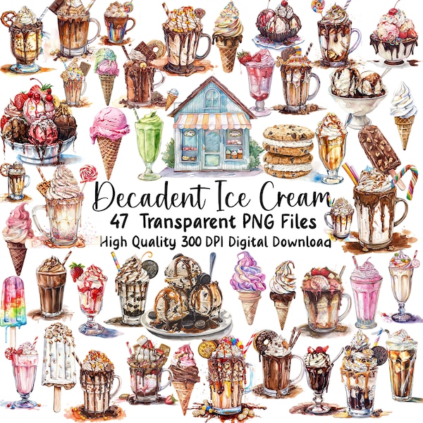 Watercolor Ice Cream Clipart, Decadent Sundaes, Shakes, Cones, Summer Desserts,  47 high quality PNG, Commercial Use, Instant Download