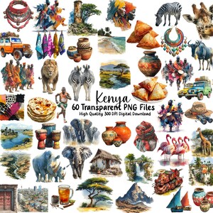 Può includere: Una collezione di 60 file PNG trasparenti con illustrazioni ad acquerello della cultura keniota, tra cui fauna selvatica, paesaggi, cibo e abbigliamento tradizionale. Il testo "Kenya" è ben visibile.