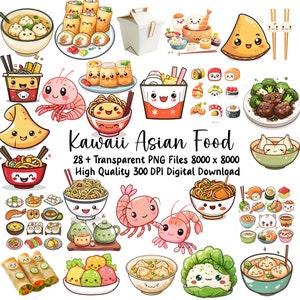 Kawaii nouilles & Ramen Clipart Pack - jolis graphiques de cuisine asiatique - usage Commercial - téléchargement numérique PNG,
