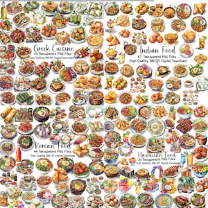 Méga collection d'aliments ethniques, 8 collections d'aliments, cuisines : indienne, italienne, grecque, mexicaine, britannique, hawaïenne, coréenne, Poke, fichiers PNG