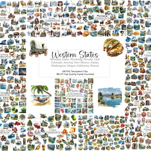 May include: A collection of watercolor illustrations featuring various elements of the Western United States. The images include landscapes, animals, and cultural symbols, with text that reads "Western States". The collection includes 650 PNG transparent files.