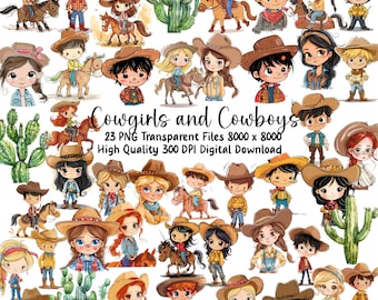 Cowgirls and Cowboys Clipart Bundle, Cute Cowboys, Cute Cowgirls, Instant Download,  Commercial Use
