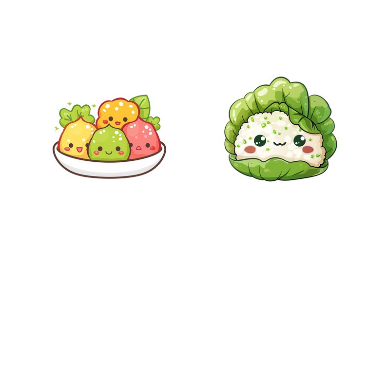 May include: A cartoon illustration of a plate of fruit with a yellow, green, and red fruit with smiling faces.  A cartoon illustration of a green cauliflower with a smiling face.