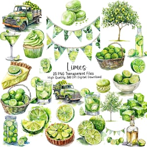 May include: A watercolour illustration of limes in various forms, including whole limes, lime slices, lime wedges, lime juice, lime trees, and lime desserts. The illustration also includes a vintage truck, a glass of limeade, and a lime-flavoured cupcake. The text "Limes" and "25 PNG Transparent Files" is included in the image.