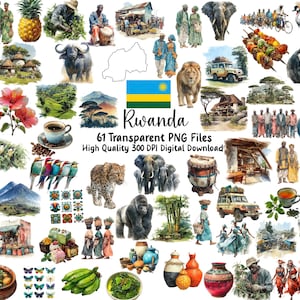 Può includere: Un download digitale con 61 file PNG trasparenti con illustrazioni ad acquerello della cultura ruandese, tra cui animali, persone, paesaggi e la bandiera ruandese. Download digitale di alta qualità a 300 DPI.