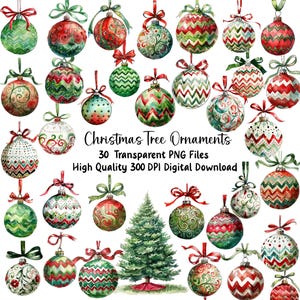 Christmas Ornaments Clipart, Holiday Decor, Gift Tags, Invitations, Journals, PNG files