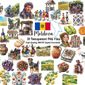 Könnte beinhalten: Eine Sammlung von 51 transparenten PNG-Dateien mit Aquarellillustrationen der moldauischen Kultur. Die Bilder zeigen traditionelle Kleidung, Essen, Landschaften und die moldauische Flagge. Der Text lautet "Moldova" und "51 Transparent PNG Files High Quality 300 DPI Digital Download."