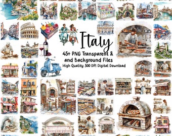 Beautiful Italy, Watercolor Summer Clipart, Travel, Italian Sceneries, Italian Streets, Scrapbooking, PNG, Instant Download, Commerical Use